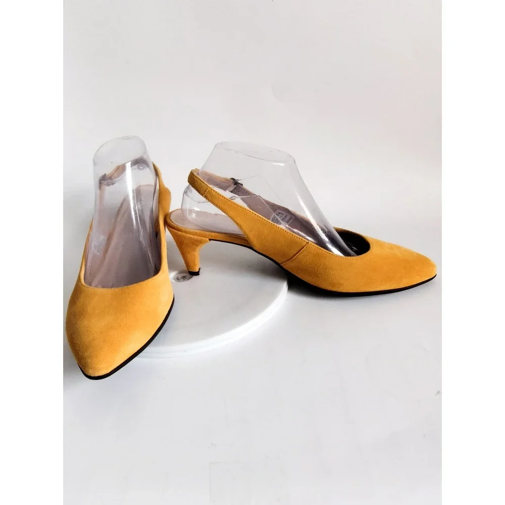 New Ecco Pumps 10 Slingback Kitten Heel Mustard Yellow Suede Pointed Toe Shoes
